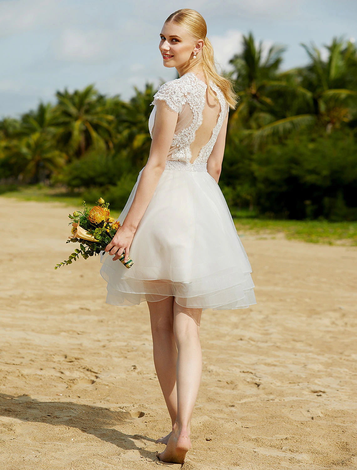 Luolandi Wedding Dresses A-Line V Neck Sleeveless Knee Length Tulle Bridal Gowns With Ribbon Beading