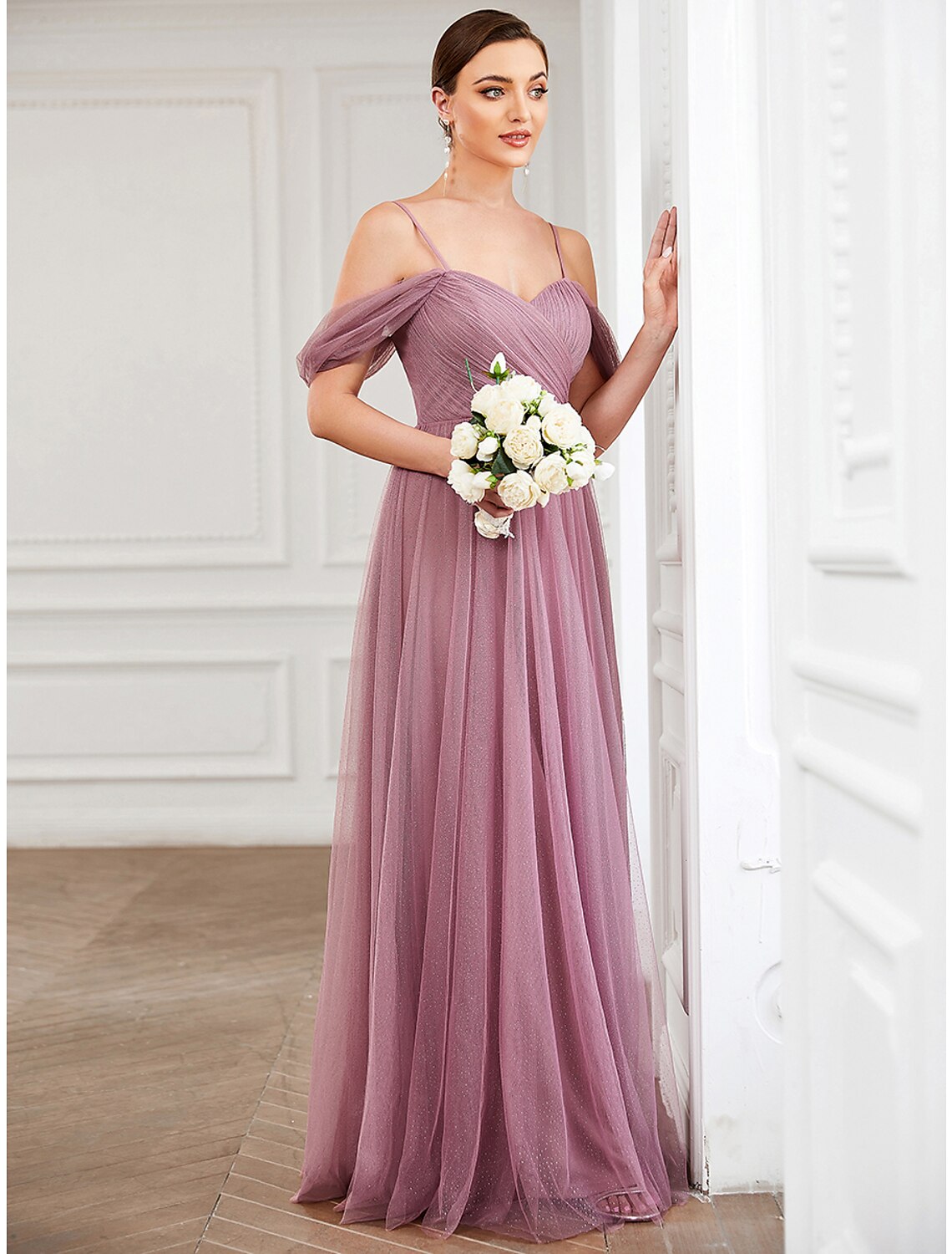 Luolandi A-Line Prom Dresses Elegant Dress Wedding Guest Floor Length Sleeveless V Neck Tulle