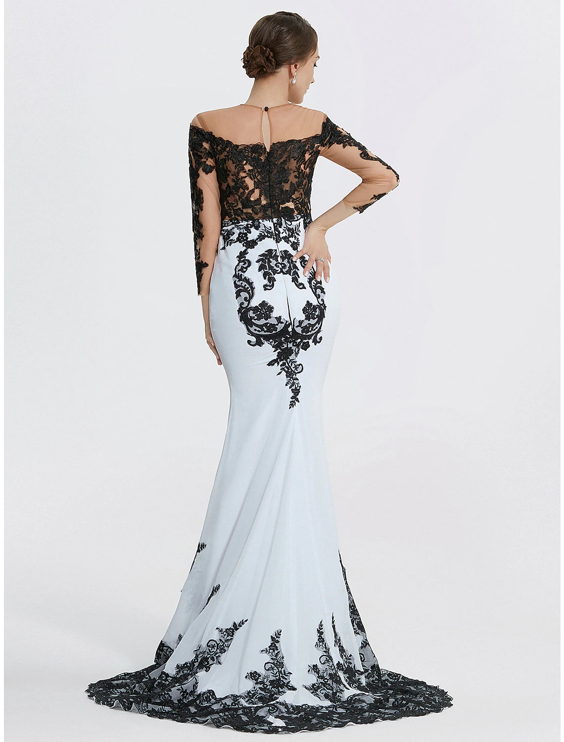 Luolandi Mermaid Evening Gown Elegant Black Dress Masquerade Black Tie Colorblock Sweep / Brush Train Long Sleeve Jewel Neck Chiffon