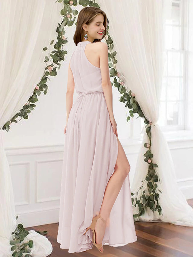 Luolandi Sheath / Column Bridesmaid Dress High Neck Sleeveless Elegant Floor Length Chiffon with Pleats