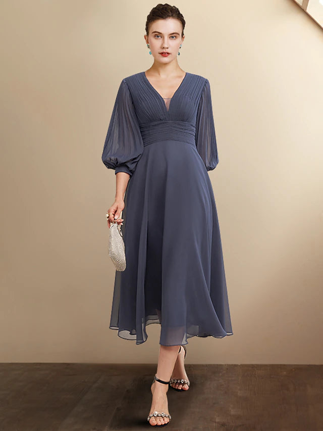 Luolandi A-Line Mother of the Bride Dress Plus Size Elegant V Neck Tea Length Chiffon 3/4 Length Sleeve