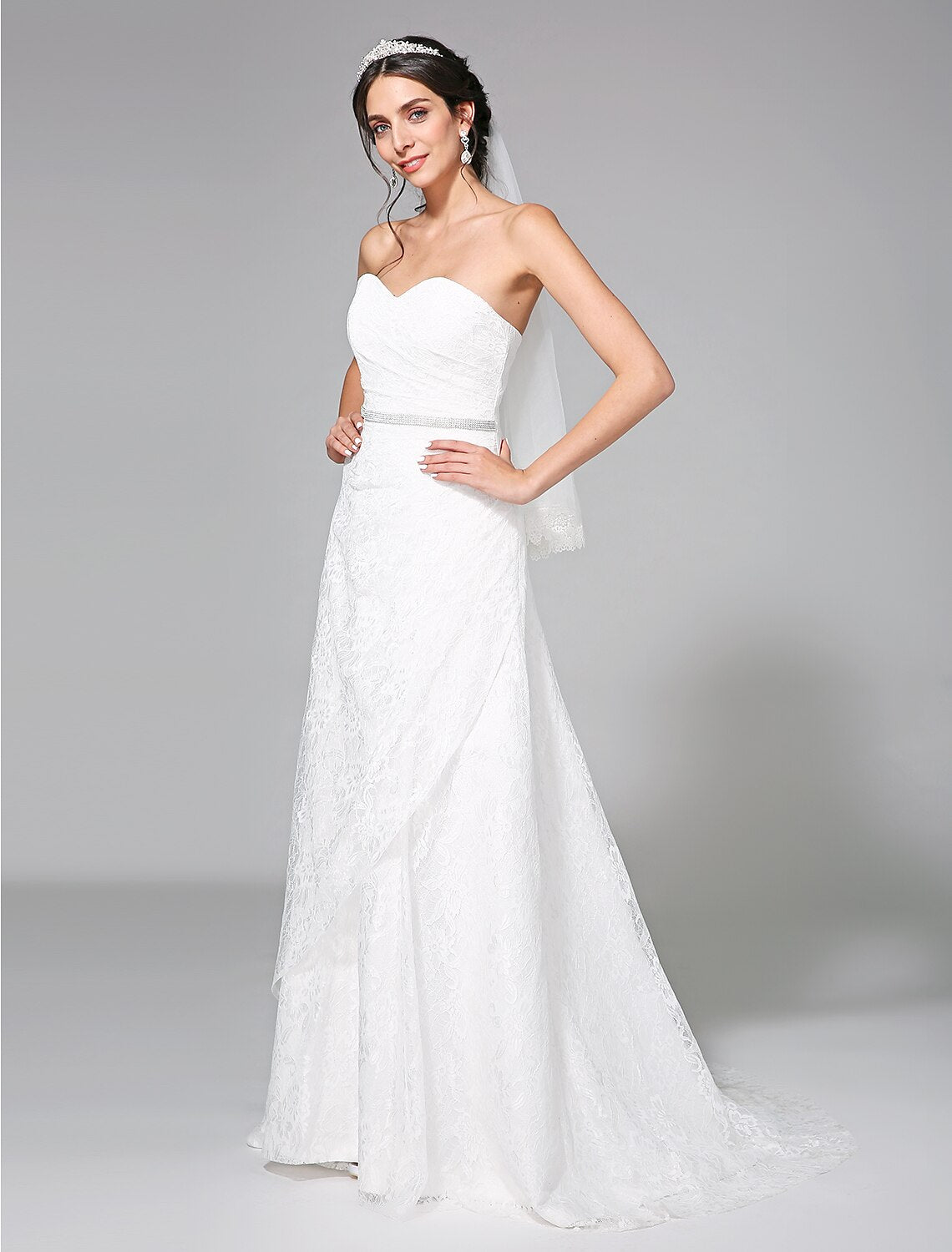 Luolandi Wedding Dresses A-Line Sweetheart Sleeveless Sweep / Brush Train Lace Bridal Gowns With Sash Side-Draped