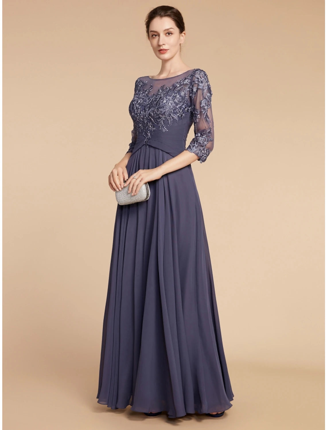 Luolandi A-Line Mother of the Bride Dress Wedding Guest Elegant Scoop Neck Floor Length Chiffon Lace 3/4 Length Sleeve with Ruching