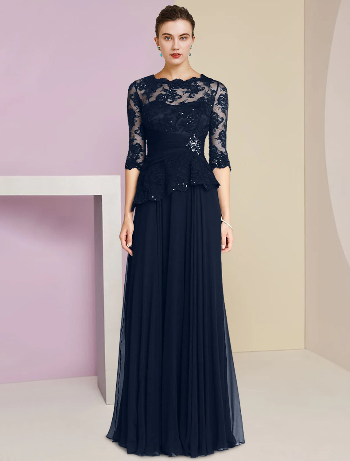Luolandi A-Line Mother of the Bride Dress Formal Wedding Guest Elegant Scoop Neck Floor Length Chiffon Lace Half Sleeve with Pleats Appliques