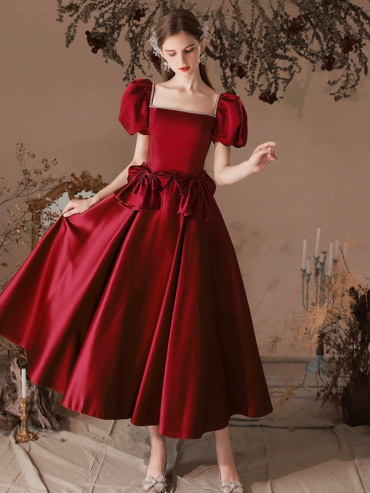 Luolandi Burgundy Satin Beaded Tea Length Prom Dress A-Line Short Sleeve Party Dress With Bow(s)