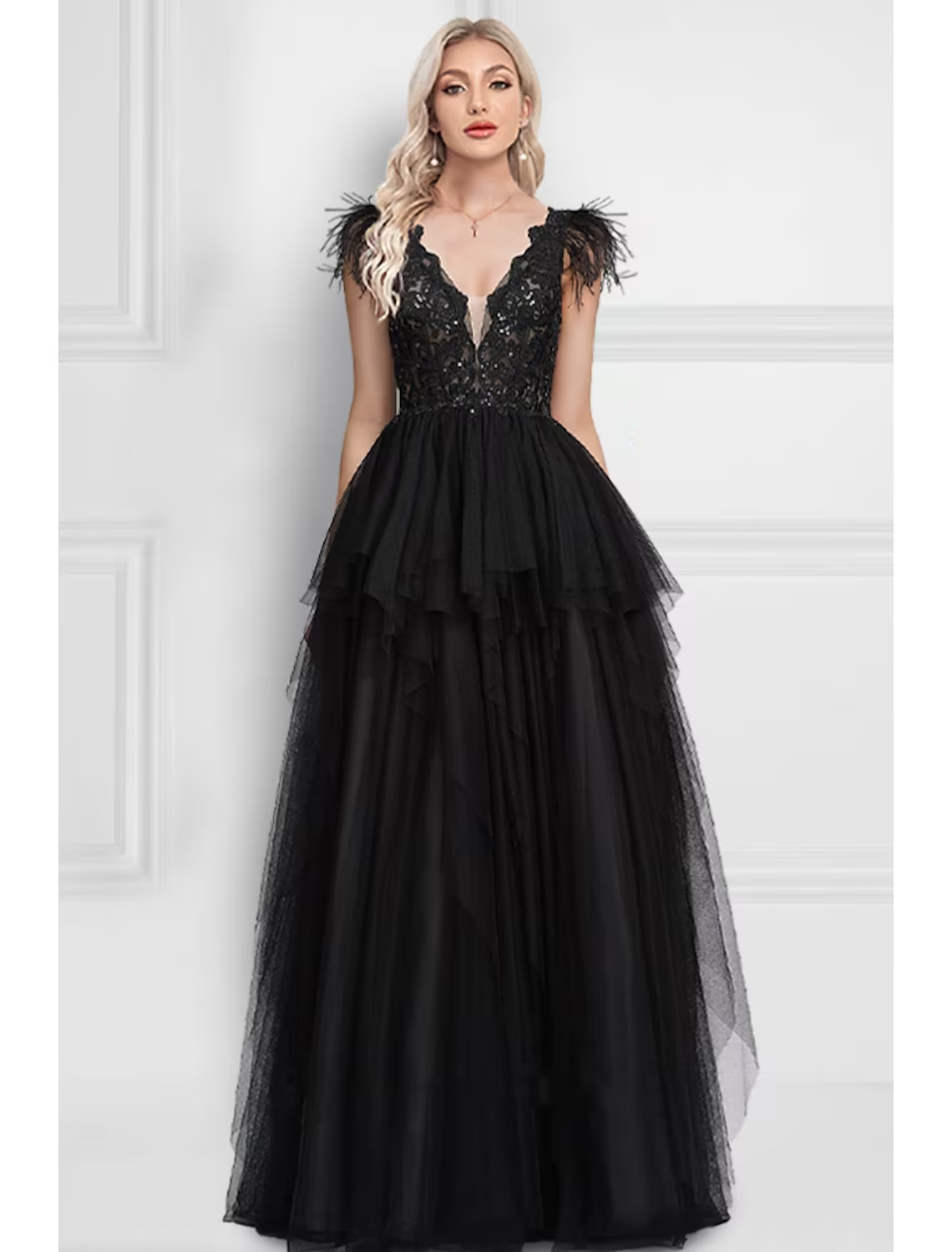 Luolandi A-Line Prom Dresses Black Dress Wedding Party Floor Length Sleeveless V Neck Tulle