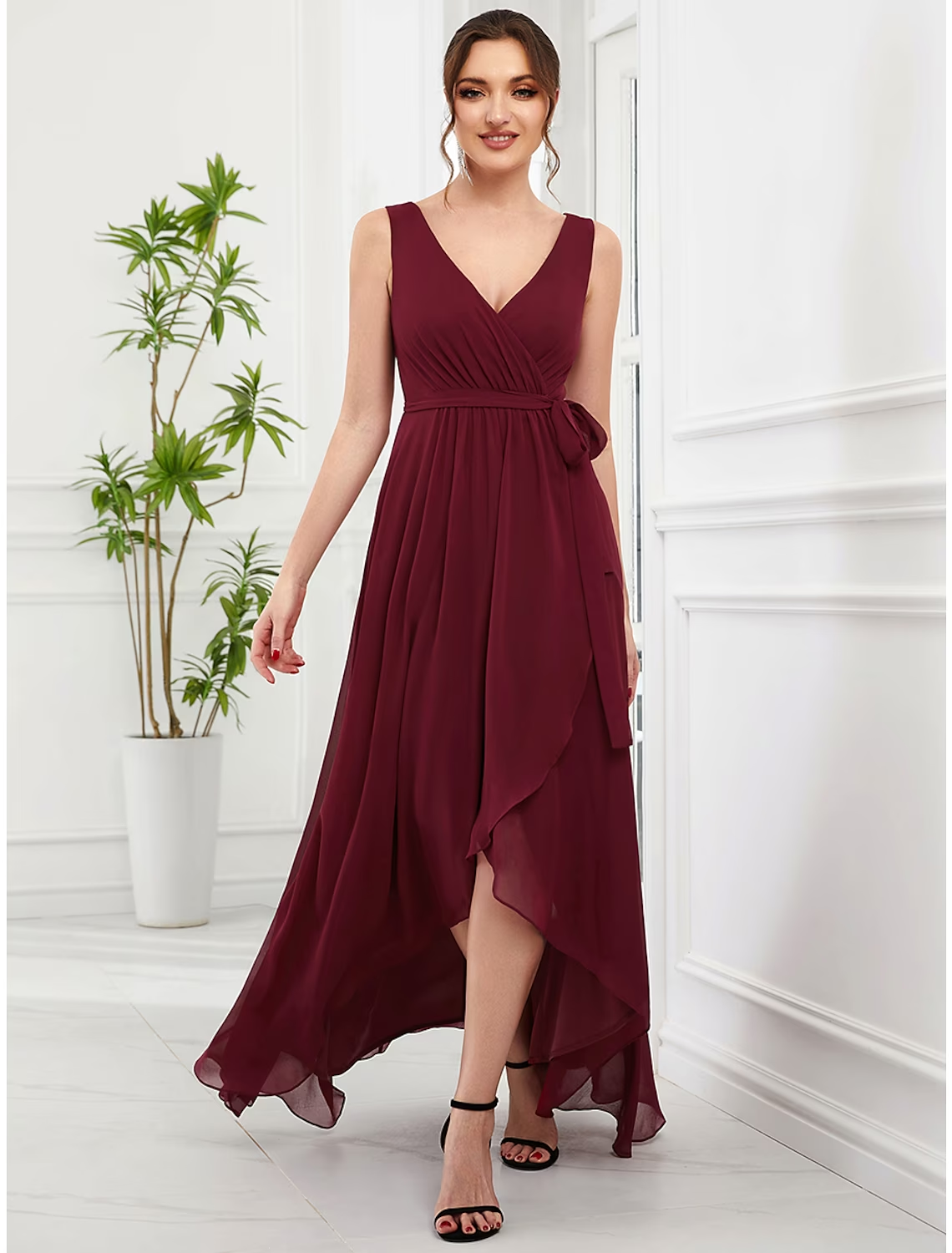 Luolandi A-Line Wedding Guest Dresses Elegant Dress Party Wear Asymmetrical Sleeveless V Neck Chiffon with Ruffles