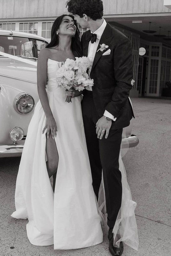 Luolandi A-Line Satin Strapless Wedding Dresses with Slit Off Shoulder Beautiful