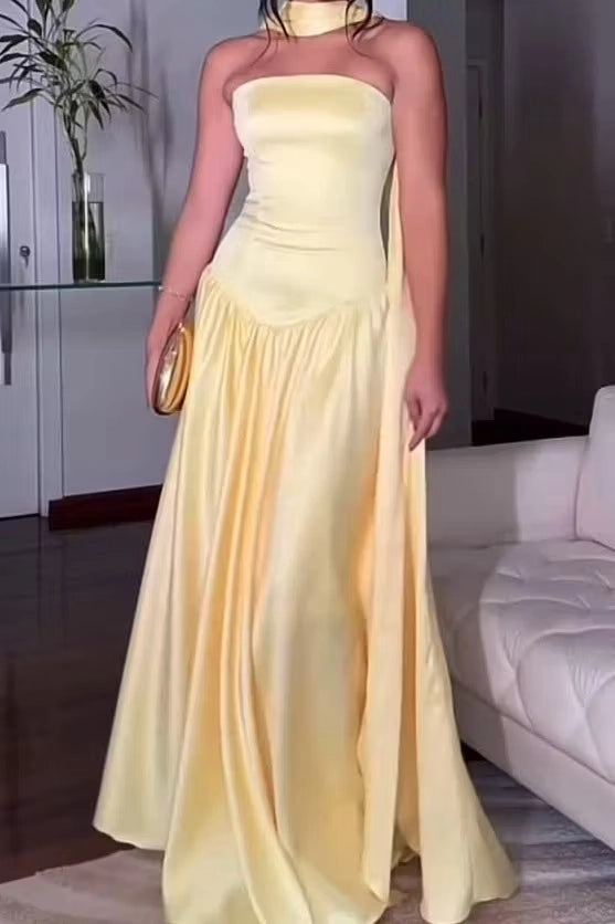 Luolandi Elegant Yellow Satin Strapless A Line Sleeveless Pleated Wedding Guest Party Dress Chic Long Formal Prom Dress