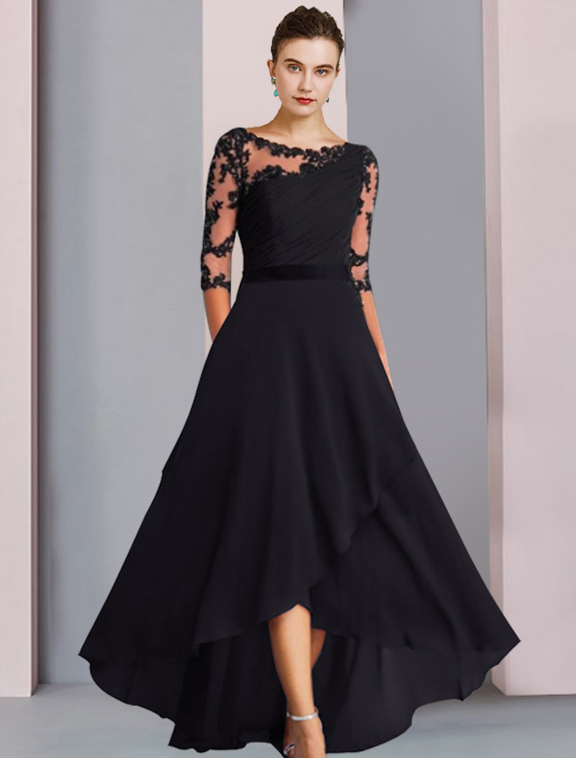 Luolandi A-Line Mother of the Bride Dress Wedding Guest Elegant High Low Scoop Neck Asymmetrical Tea Length Chiffon Lace Half Sleeve with Appliques