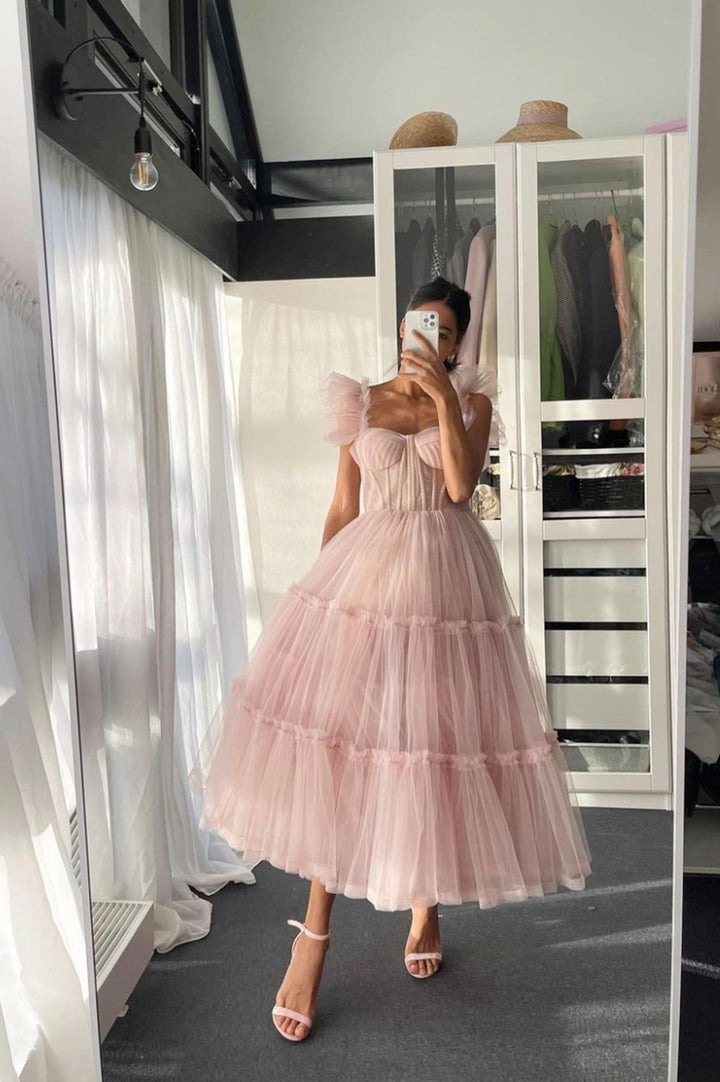 Luolandi Pink Tulle Short Prom Dresses A-Line Pink Evening Party Dresses Sexy