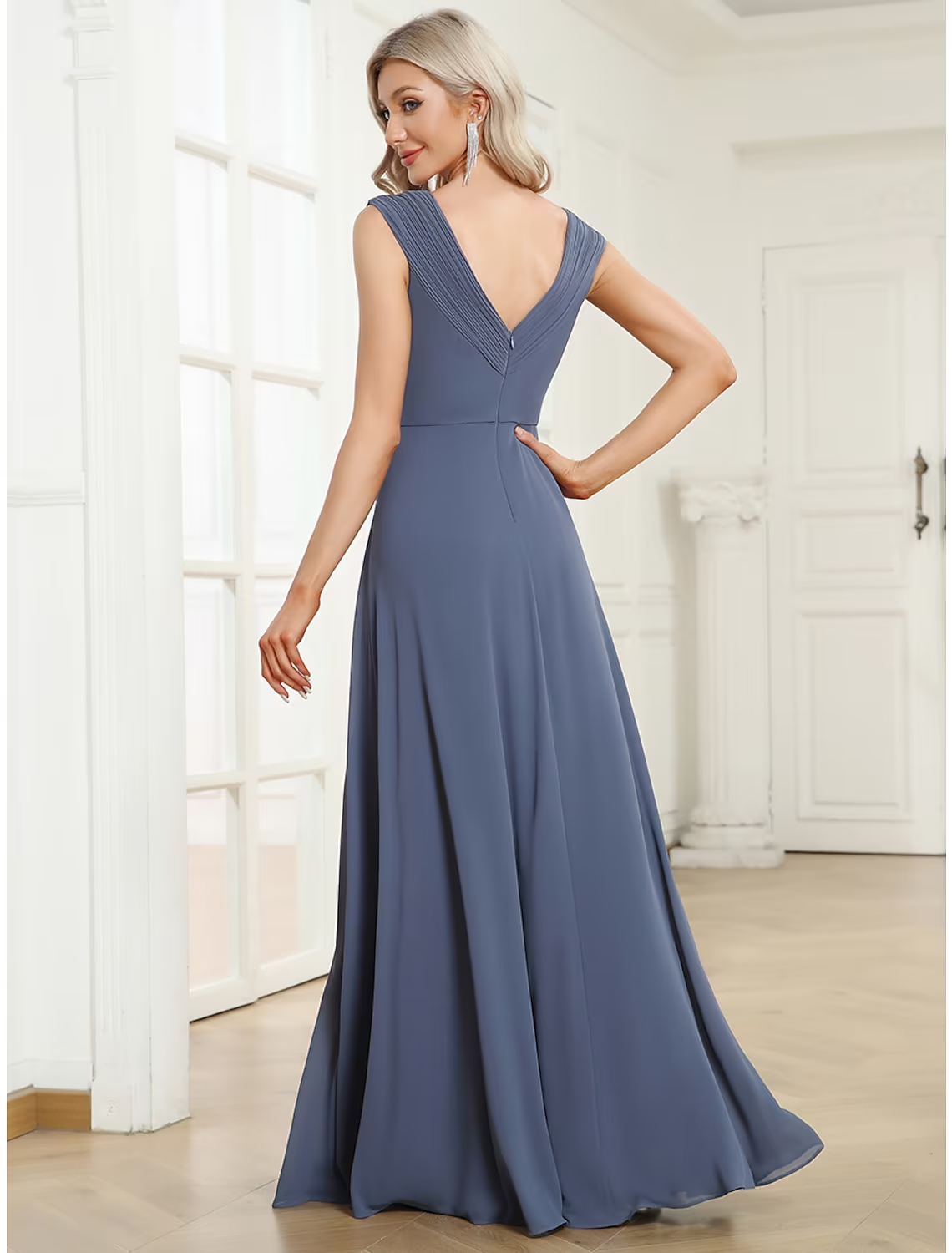 Luolandi A-Line Wedding Guest Dresses Minimalist Dress Formal Floor Length Sleeveless V Neck Chiffon with Pleats
