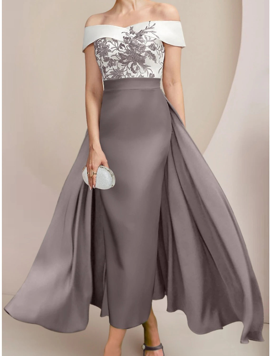 Luolandi A-Line Mother of the Bride Dress Wedding Guest Elegant Off Shoulder Ankle Length Short Sleeve with Appliques