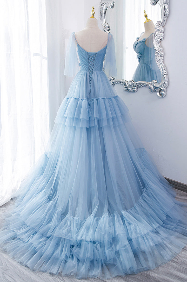 Luolandi A-Line Tulle Long Prom Dresses V-Neck Spaghetti Strap Long Princess Dresses Beautiful