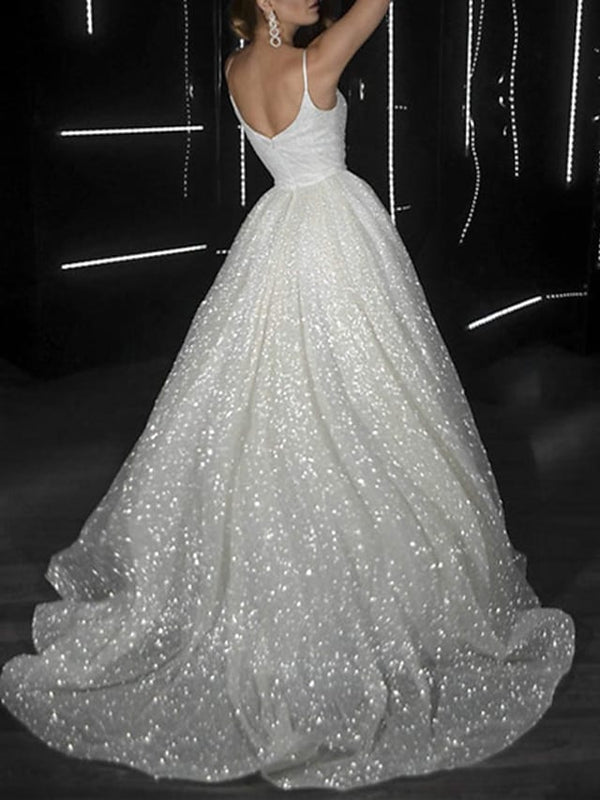 Luolandi Ball Gown Prom Dresses Glittering Dress Wedding Party Court Train Sleeveless Spaghetti Strap Tulle with Sequin Sparkly Evening Dress
