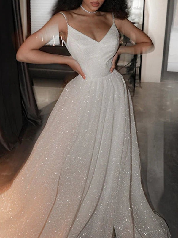 Luolandi Ball Gown Prom Dresses Glittering Dress Wedding Party Court Train Sleeveless Spaghetti Strap Tulle with Sequin Sparkly Evening Dress