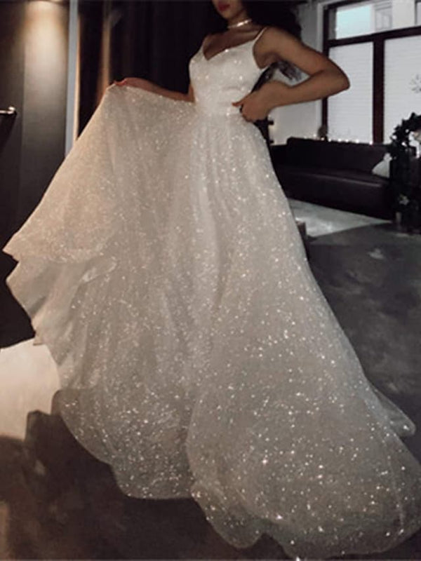 Luolandi Ball Gown Prom Dresses Glittering Dress Wedding Party Court Train Sleeveless Spaghetti Strap Tulle with Sequin Sparkly Evening Dress