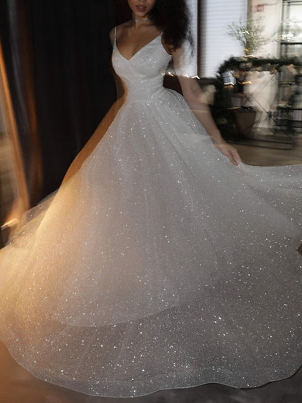 Luolandi Ball Gown Prom Dresses Glittering Dress Wedding Party Court Train Sleeveless Spaghetti Strap Tulle with Sequin Sparkly Evening Dress