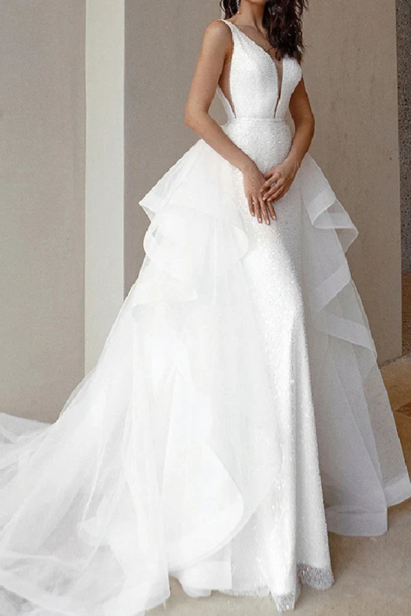 Luolandi Engagement Sparkling Formal Wedding Dress Palace Tail Sleeveless V-neck Bridal Dress