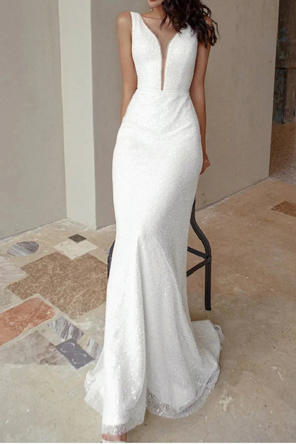 Luolandi Engagement Sparkling Formal Wedding Dress Palace Tail Sleeveless V-neck Bridal Dress