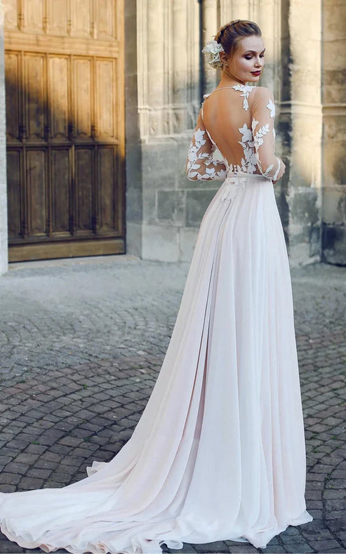 Luolandi Bateau Illusion Long Sleeve Appliqued A-Line Chiffon Wedding Dress Beautiful