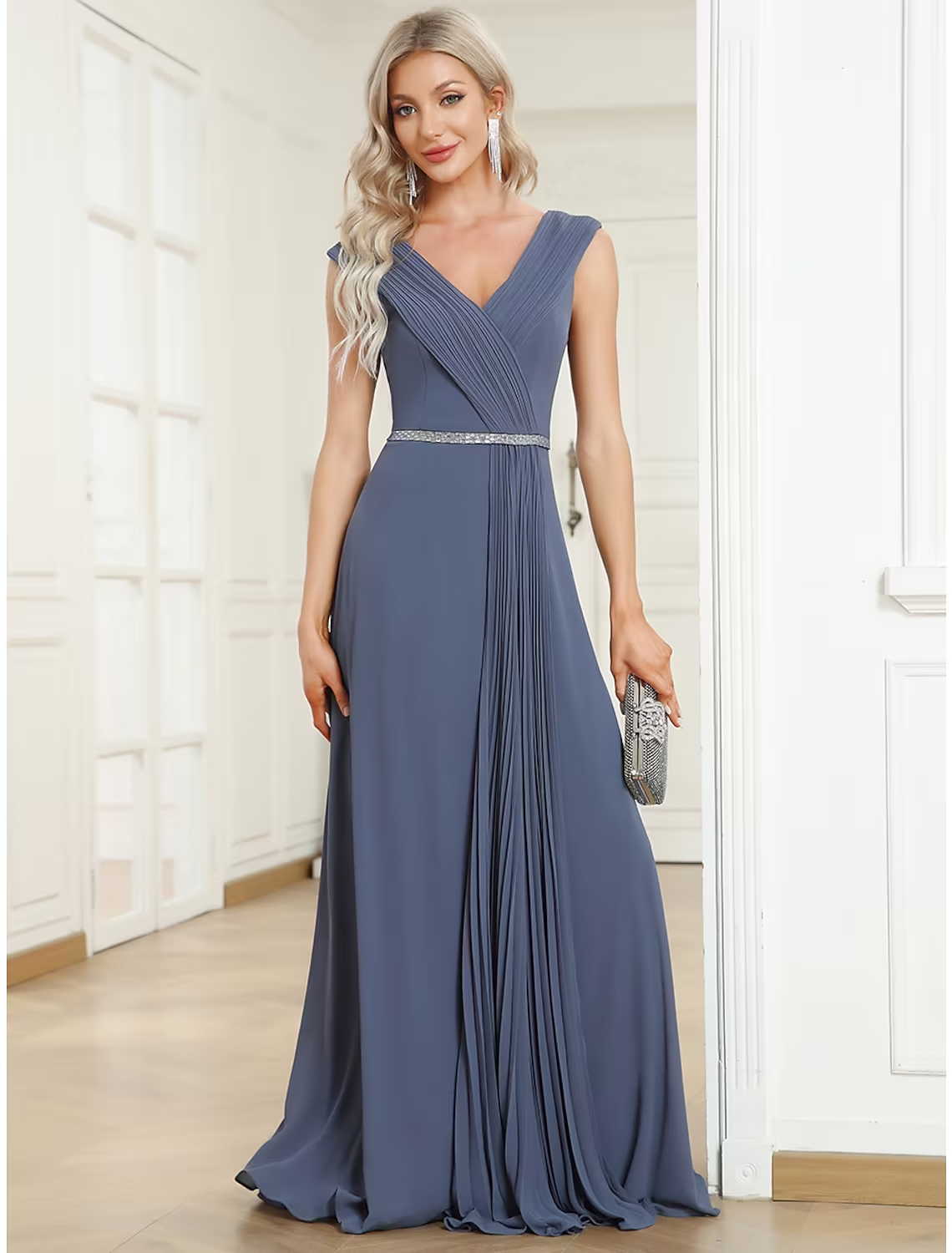Luolandi A-Line Wedding Guest Dresses Minimalist Dress Formal Floor Length Sleeveless V Neck Chiffon with Pleats