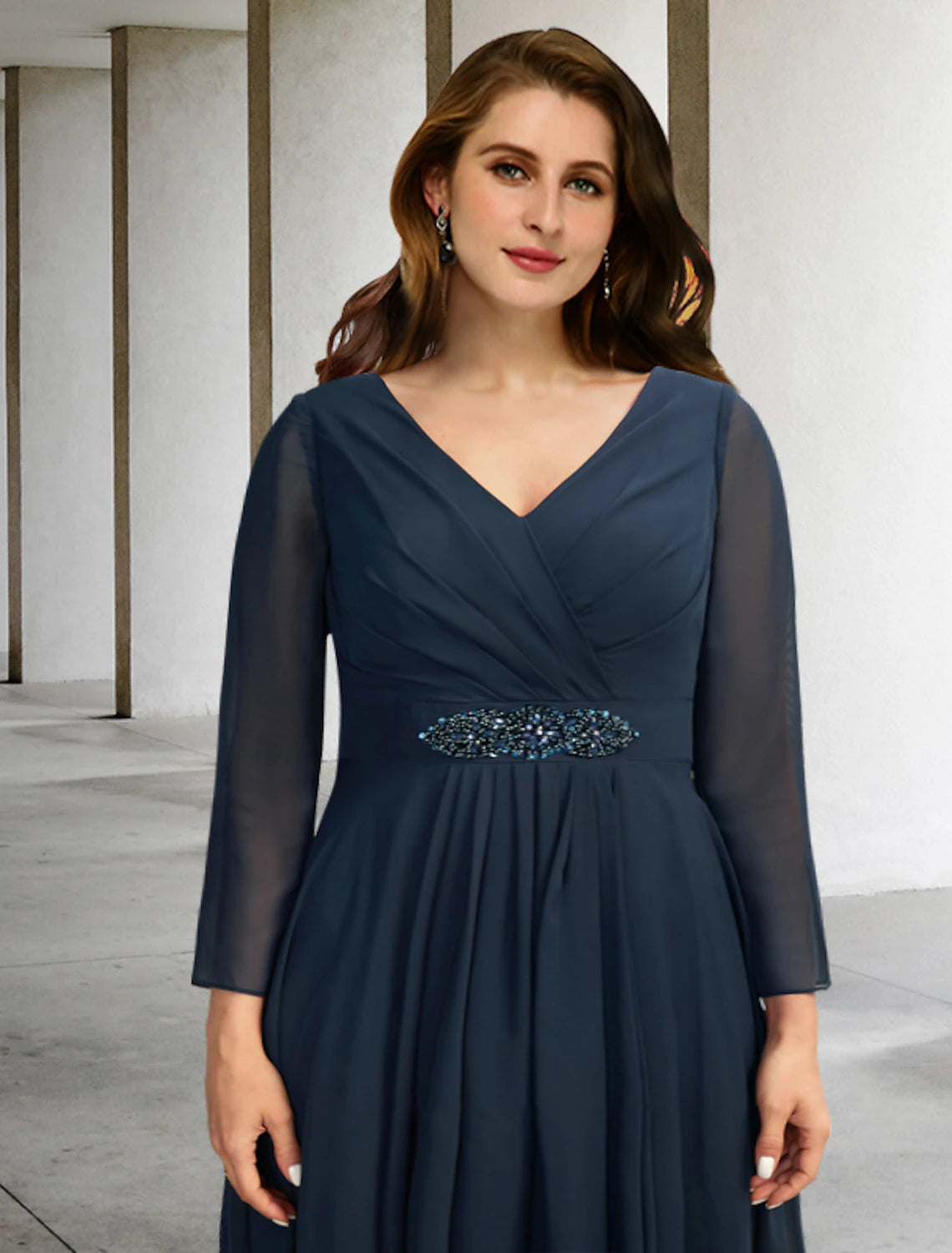 Luolandi A-Line Mother of the Bride Dresses Plus Size Hide Belly Curve Elegant Dress Formal Asymmetrical Long Sleeve V Neck Chiffon with Pleats