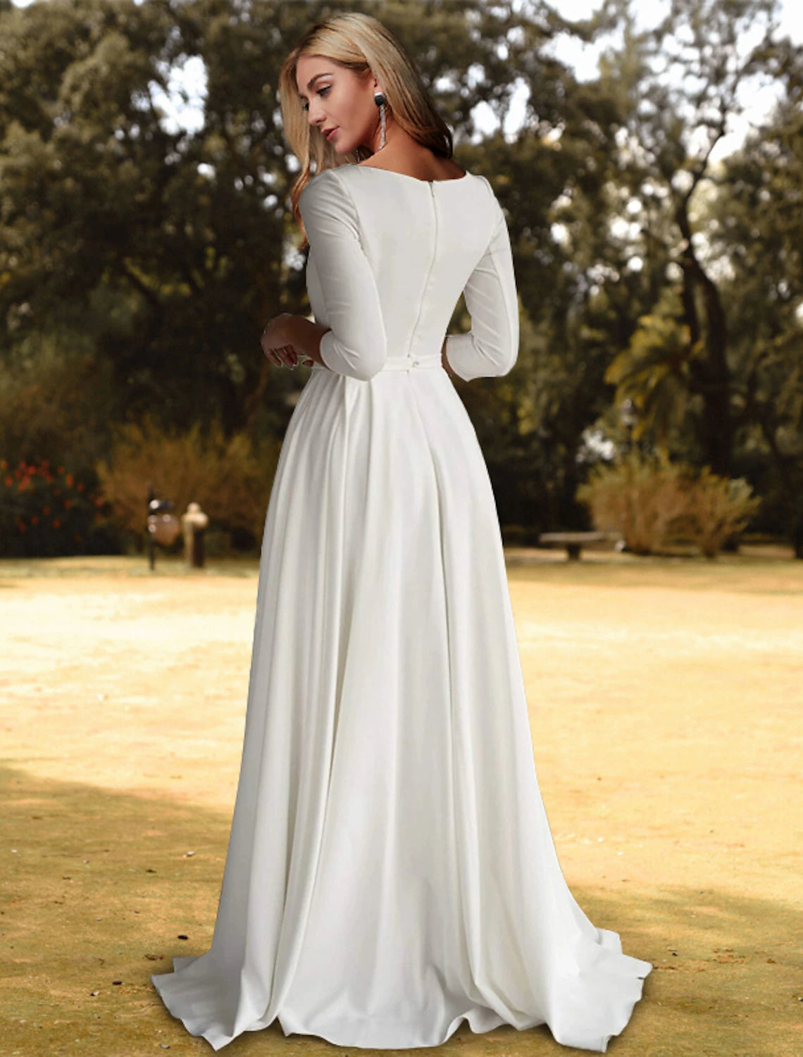 Luolandi Hall Casual Fall Wedding Dresses A-Line Scoop Neck 3/4 Length Sleeve Sweep / Brush Train Fabric Bridal Gowns With Pleats