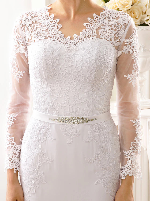 Luolandi Engagement Open Back Formal Wedding Dresses Court Train Mermaid / Trumpet Long Sleeve Illusion Neck Chiffon With Sash