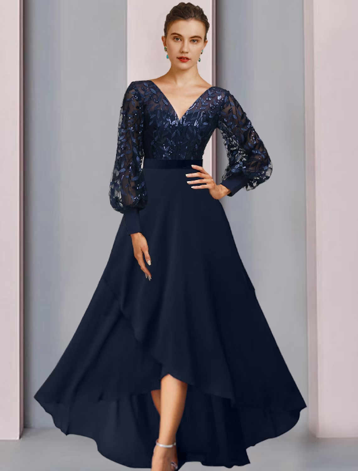 Luolandi A-Line Mother of the Bride Dress Sparkle & Shine High Low Jewel Neck Asymmetrical Tea Length Chiffon Lace Sequined Long Sleeve with Sequin