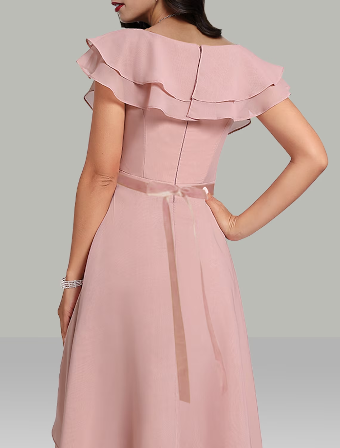 Luolandi A-Line Wedding Guest Dresses Tiered Dress Cocktail Party Tea Length Short Sleeve V Neck Belt / Sash Chiffon