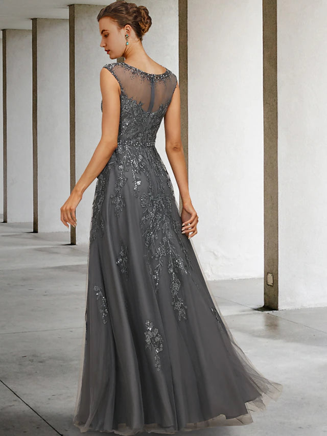 Luolandi A-Line Mother of the Bride Dress Luxurious Elegant Jewel Neck Floor Length Lace Tulle Sleeveless with Sash Beading Sequin