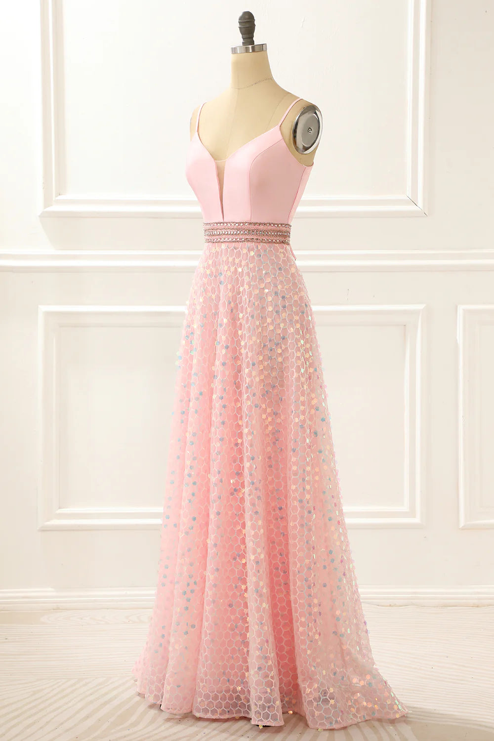 Luolandi Spaghetti Straps A Line Pink Prom Dress With Beading Floor Length