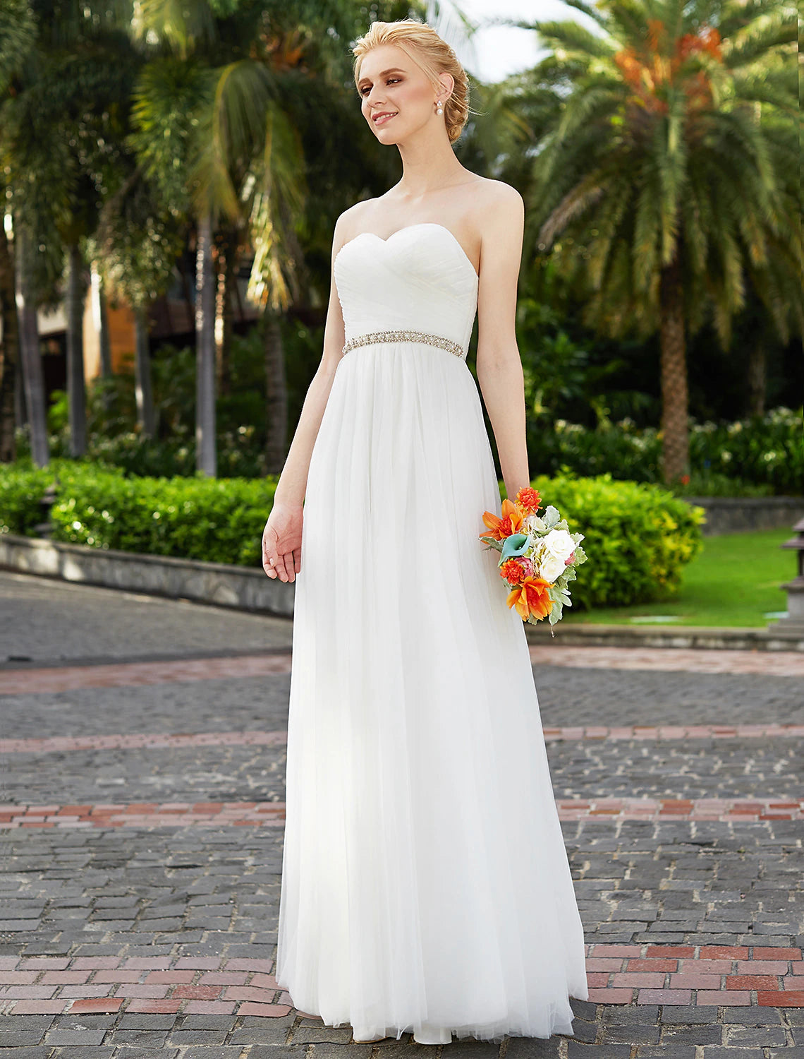 Luolandi Reception Wedding Dresses Princess Sweetheart Strapless Floor Length Chiffon Bridal Gowns With Sashes Beading