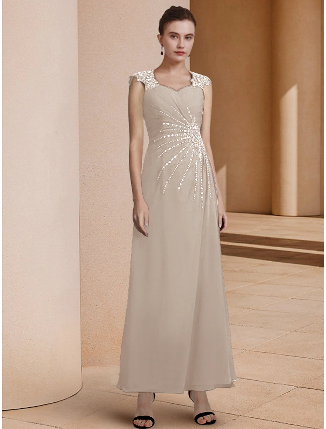 Luolandi Two Piece A-Line Mother of the Bride Dress Formal Wedding Guest Elegant Sweetheart Ankle Length Chiffon Lace Sequined 3/4 Length Sleeve Jacket Dresses with Sequin