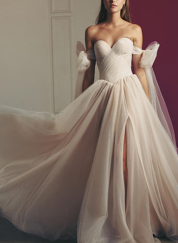 Luolandi Beach Pleated Tulle Off-The-Shoulder A-Line Wedding Dresses With Slit Beautiful
