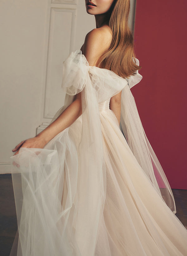 Luolandi Beach Pleated Tulle Off-The-Shoulder A-Line Wedding Dresses With Slit Beautiful