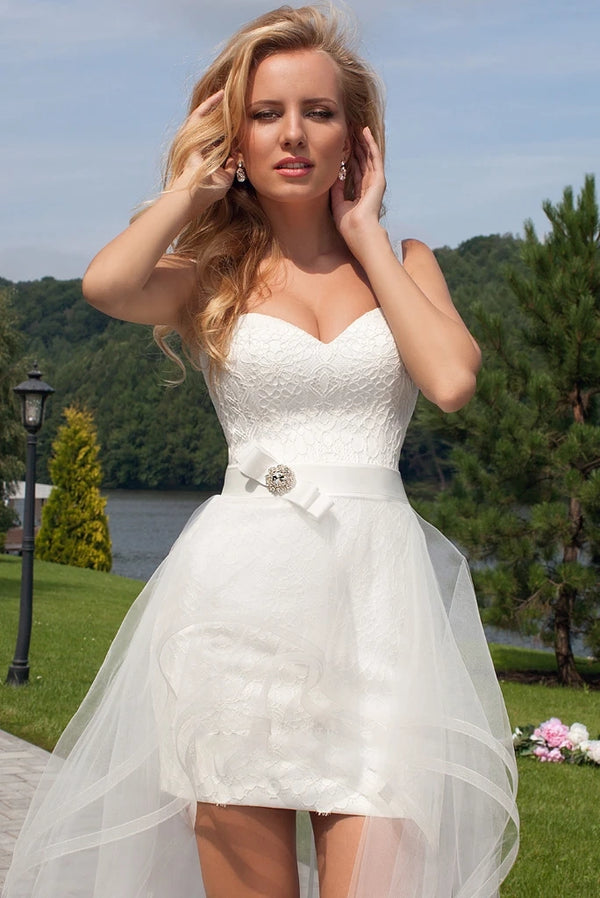 Luolandi Beach Short Sweetheart Detachable Lace Wedding Dress With Tied Back Sexy