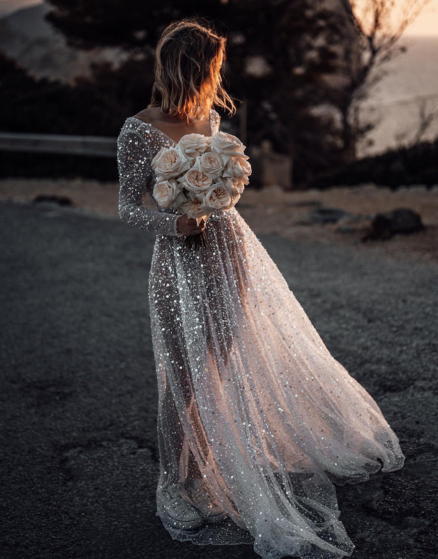 Luolandi Sequin Long Sleeve Wedding Dress V-neck Open Back Sexy Sparkly