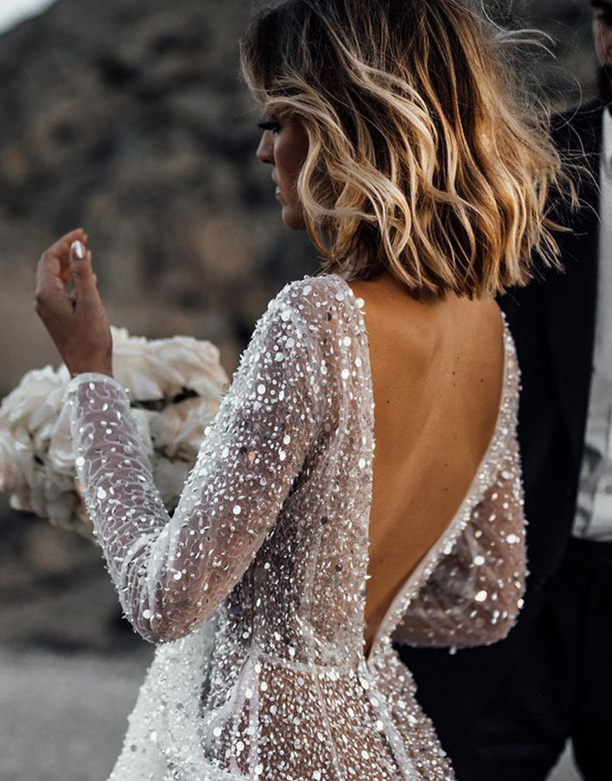 Luolandi Sequin Long Sleeve Wedding Dress V-neck Open Back Sexy Sparkly