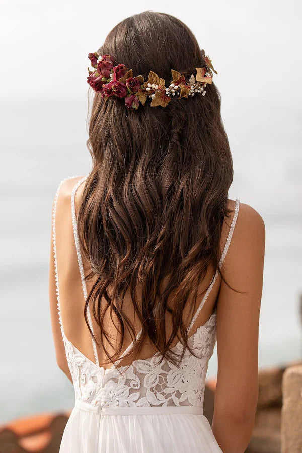 Luolandi A-neck V-neck lace patch side slit bohemian beach wedding dress Sexy