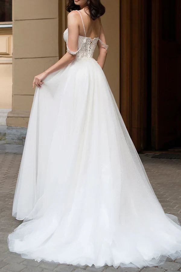 Luolandi Sexy deep V-neck beaded side slit A-line pastoral wedding dress Beautiful