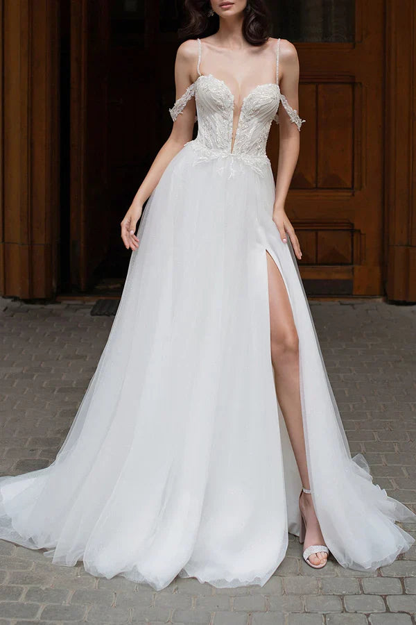 Luolandi Sexy deep V-neck beaded side slit A-line pastoral wedding dress Beautiful