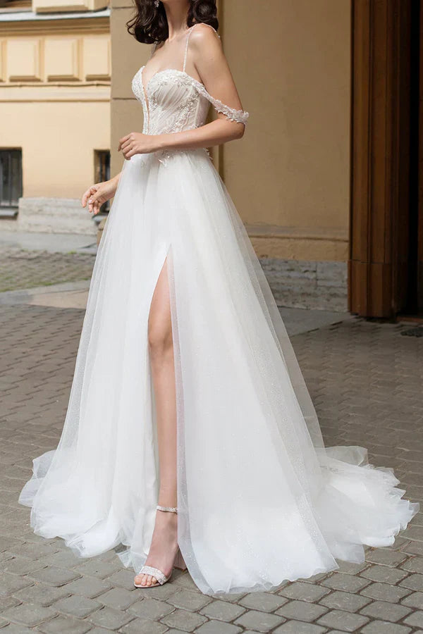 Luolandi Sexy deep V-neck beaded side slit A-line pastoral wedding dress Beautiful