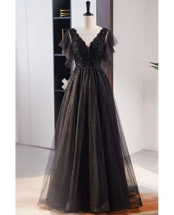 Luolandi Unique and beautiful black beaded short sleeved sequin ball dress A-shaped princess V-neck backless chiffon and floor length evening dress