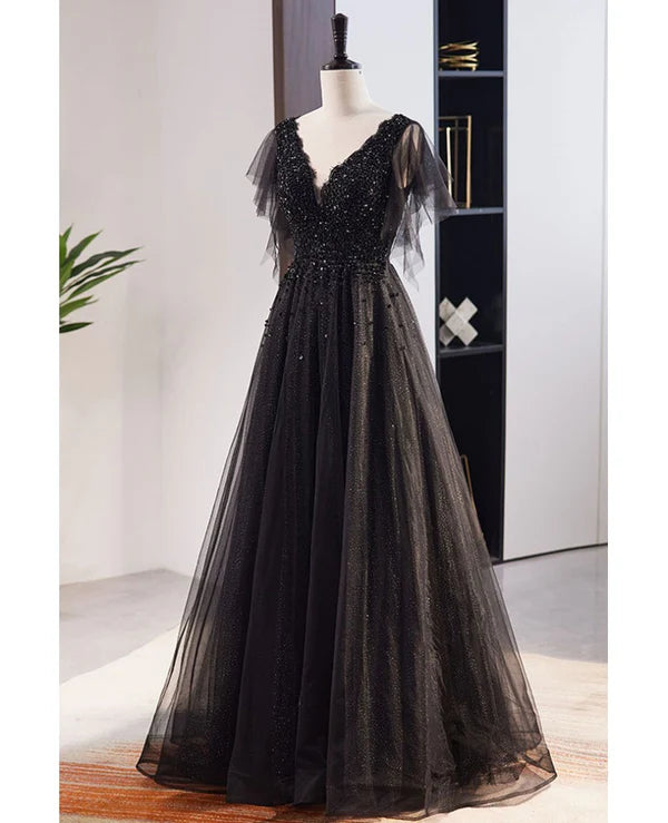 Luolandi Unique and beautiful black beaded short sleeved sequin ball dress A-shaped princess V-neck backless chiffon and floor length evening dress
