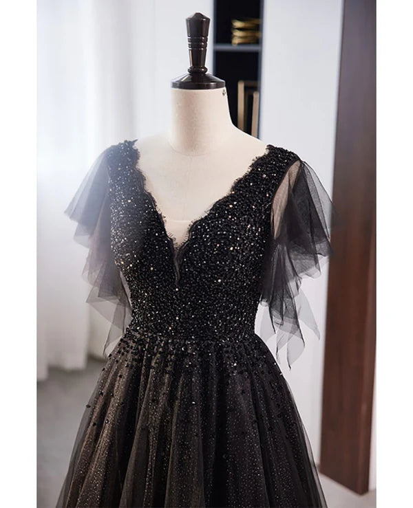 Luolandi Unique and beautiful black beaded short sleeved sequin ball dress A-shaped princess V-neck backless chiffon and floor length evening dress
