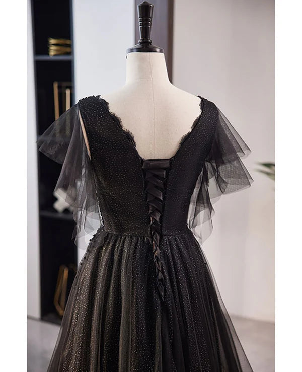 Luolandi Unique and beautiful black beaded short sleeved sequin ball dress A-shaped princess V-neck backless chiffon and floor length evening dress