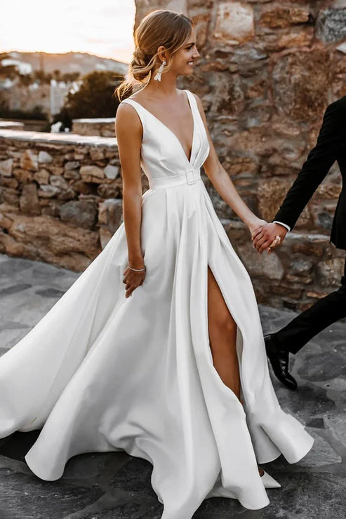 Luolandi Attractive Deep V-Neck Satin Bohemian Wedding Dress With Slit Sexy