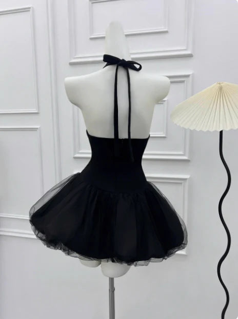 Luolandi Elegant A-line Halter Neck Sleeveless Black Short Party Prom Dress Cute Homecoming Dress